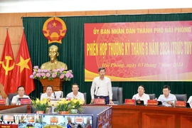 Permanent Vice Chairman of the municipal People's Committee Le Anh Quan speaks at the meeting (Photo: VNA)