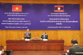 Vice Chairman of the Vietnamese National Assembly (NA) Nguyen Khac Dinh (standing) speaks at the event. (Photo: bienphong.com.vn)