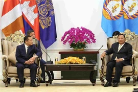 Standing Vice Chairman of the CPV Central Committee's Commission for Information and Education Lai Xuan Mon (L) in the meeting with Vice President of the Cambodian People’s Party and Chairman of the Standing Board of the CPP Central Committee Samdech Say Chhum. (Photo: VNA)