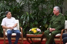 President of Cuba Miguel Díaz-Canel (R) receives Thai Binh Corporation's President Tran Thanh Tu. (Photo: VNA)