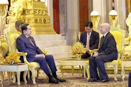 At the meeting between Cambodian King Norodom Sihamoni (R) and Chairman of the Vietnamese National Assembly Tran Thanh Man. (Photo: VNA)