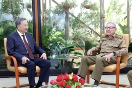 Le secrétaire général du Comité central du Parti communiste du Vietnam et président de l'État, To Lam, (gauche) et le leader de la révolution cubaine, le général Raul Castro Ruz, Photo : VNA