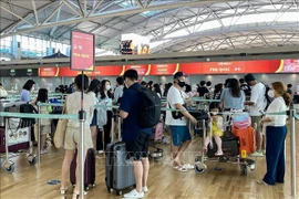 游客在韩国仁川国际机场排队办理飞往越南富国岛的登机手续。图自越通社
