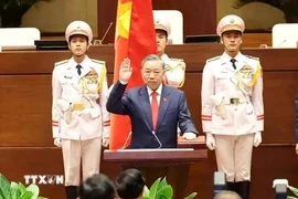 越南新任国家主席苏林宣誓就职。图自越通社