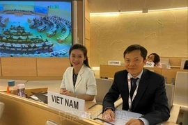 越南常驻联合国代表团副团长弓德欣在会上发言。图自越通社