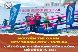 Nguyen Thi Oanh on the top podium of the Hong Kong Athletics Championship's women's 3,000m steeplechase on May 5. (Photo: Sports Authority of Vietnam)