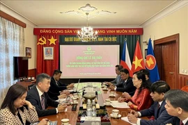 The delegation from the northern province of Ha Nam hold a working session with the Vietnamese Embassy in the Czech Republic. (Photo: published by VNA)