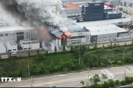 The blaze at an lithium battery factory in Hwaseong province, an industrial cluster 50km to the southwest of Seoul(Photo: Yonhap/VNA)