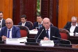 Francois Corbin, Vice President of MEDEF International in charge of coordination in the ASEAN region, and the French Minister for Europe and Foreign Affairs' special representative for economic relations in the ASEAN region speaks at the meeting with Deputy PM Tran Hong Ha. (Photo: VNA)