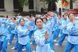 河内市：老年人养生操表演。图自越通社