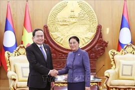 El presidente de la Asamblea Nacional de Vietnam, Tran Thanh Man, y Pany Yathotou, vicepresidenta y extitular de la Asamblea Nacional de Laos. (Fuente: VNA)