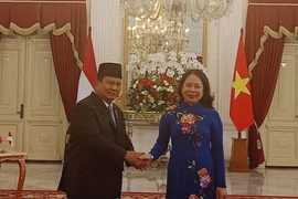 El recién juramentado presidente de Indonesia, Prabowo Subianto, con la vicepresidenta vietnamita, Vo Thi Anh Xuan. (Fuente: VNA)