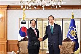 越南外交部长裴青山（左）与韩国国务总理韩德洙（右）。图自越通社