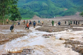 Des militaires recherchent les personnes portées disparues suite à un glissement de terrain à Lang Nu, commune de Phuc Khanh, district de Bao Yen, province de Lao Cai. Photo: VNA