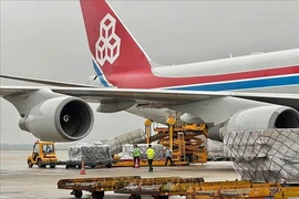 Des dons accordés par Samaritan's Purse et le gouvernement suisse pour les provinces de Yen Bai, Lao Cai et Cao Bang ravagées par le typhon Yagi et ses impacts, arrivent à l'aéroport de Noi Bai (Hanoï), le 16 septembre 2024. Photo: VNA