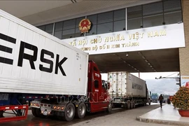 集装箱货车在金城二号陆路国际口岸等待办理向中国出口的手续。图自越通社
