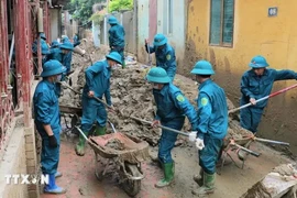 越南自卫民兵参与灾后重建恢复工作。图自越通社