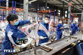 Workers assemble bicycles at the Thong Nhat Hanoi Joint Stock Company (Photo: VNA)