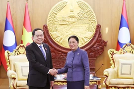 Chairman of the Vietnamese National Assembly Tran Thanh Man (L) and Vice President and former Chairwoman of the Lao NA Pany Yathotou at their meeting in Vientiane on October 17. (Photo: VNA)