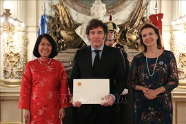 越南驻阿根廷大使吴明月在布宜诺斯艾利斯总统府向阿根廷总统哈维尔·米莱（Javier Milei）递交国书。图自越通社