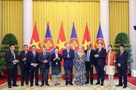 国家主席苏林与东盟各国和东帝汶驻越大使合影。图自越通社 