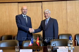 越南祖国阵线中央委员会主席杜文战（右）和法国经济、社会和环境事务委员会（CESE）主席蒂埃里·博德。图自越通社