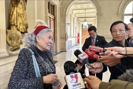 Mme Trân Tô Nga répond à la presse, à l'issue de l'audience, à la Cour d’appel de Paris. Photo: VNA