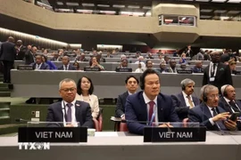 Le vice-président de la Commission des relations extérieures de l’Assemblée nationale du Vietnam, Nguyên Manh Tiên (à gauche) et les membres de la délégation vietnamienne à l’UIP-49. Photo : VNA