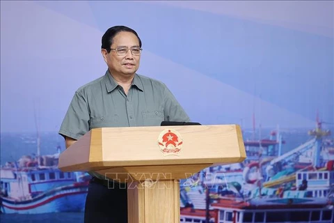 PM Pham Minh Chinh speaks at the August 28 meeting on IUU fishing prevention and control. (Photo: VNA)