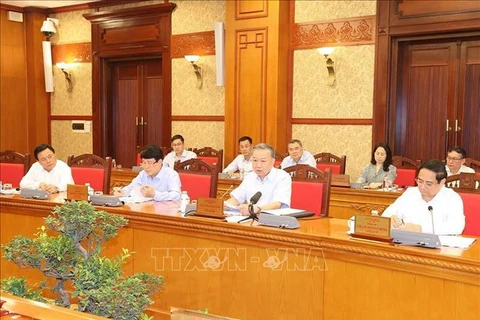 Party General Secretary and State President To Lam (front, second from right) speaks at the meeting on September 9. (Photo: VNA)