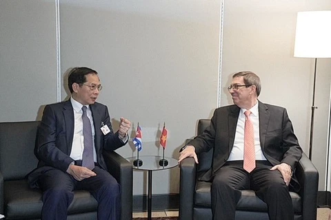 Deputy PM and FM Bui Thanh Son (left) talks to Cuban FM Bruno Rodriguez in New York on September 22. (Photo: VNA)