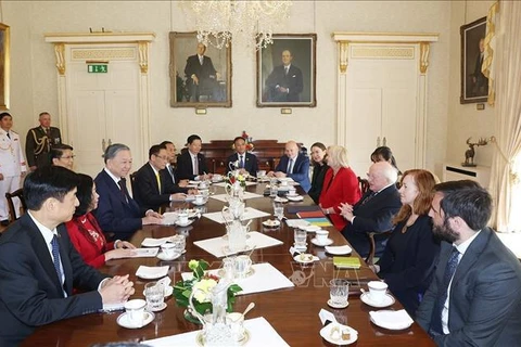 The talks between Party General Secretary and President of Vietnam To Lam (third, left) and President of Ireland Michael Higgins (third, right) in Dublin on October 2. (Photo: VNA)