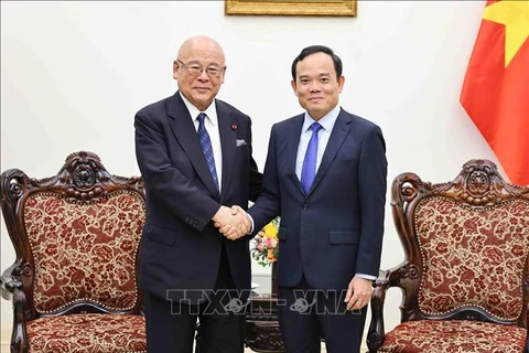 El viceprimer ministro vietnamita Tran Luu Quang recibe a Takebe Tsutomu, asesor especial de la Alianza Parlamentaria de Amistad Japón-Vietnam. (Fuente:VNA)