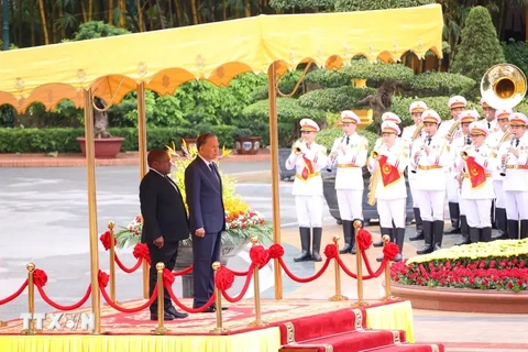 El secretario general del Partido Comunista de Vietnam y jefe de Estado, To Lam, y el presidente de Mozambique, Filipe Jacinto Nyusi, en la ceremonia de bienvenida. (Fuente: VNA)