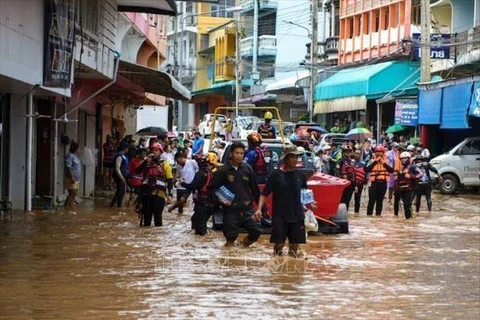 Fuerzas de rescate ayudan a las personas en las inundaciones, debido al impacto del tifón Yagi, en la provincia de Chiang Rai, Tailandia, el 11 de septiembre de 2024. (Fuente: REUTERS/VNA)