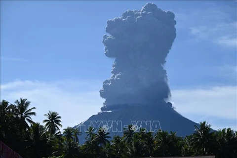 Una columna de ceniza brota del cráter del volcán Ibu en la provincia de Moluscas del Norte, Indonesia, el 13 de mayo de 2024. (Fuente: AFP/VNA)