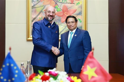 Le Premier ministre Pham Minh Chinh (droite) rencontre le président du Conseil européen Charles Michel. Photo: VNA