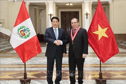 Le président Luong Cuong (gauche) et le président de la Cour suprême du Pérou Javier Arévalo Vela. Photo: VNA