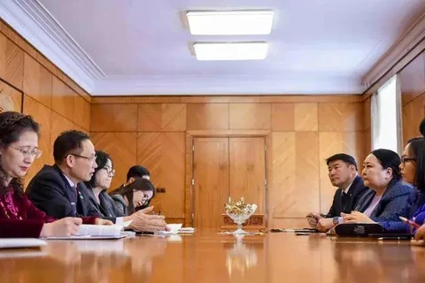 El secretario del Comité Central del Partido Comunista de Vietnam (PCV) y jefe de su Comisión de Relaciones Exteriores, Le Hoai Trung, sostiene reunión con el vicepresidente del Partido Democrático de Mongolia, Batchimeg. (Foto: VNA)