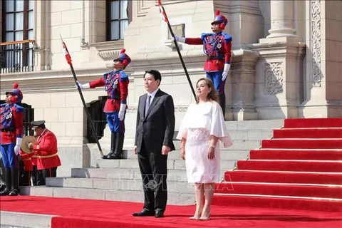 La presidenta de Perú, Dina Ercilia Boluarte Zegarra, encabeza la ceremonia de bienvenida a su homólogo vietnamita, Luong Cuong. (Foto: VNA)