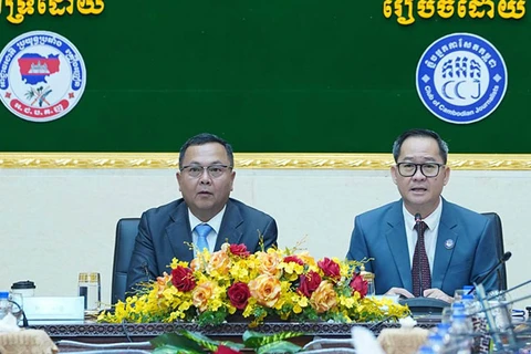 NACD Secretary General Gen. Meas Virith (L) and CCJ President Puy Kea co-chair the forum (Photo: VNA)