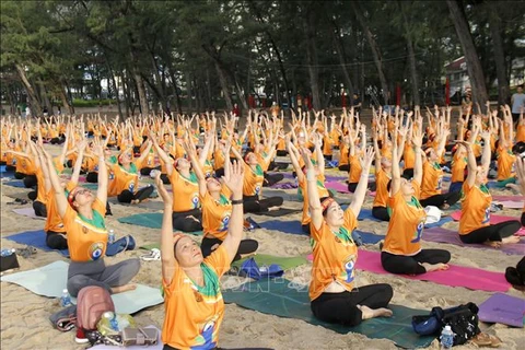 A corner of the large-scale yoga performance celebrating the 10th International Day of Yoga in Binh Thuan province on June 9. (Photo: VNA)