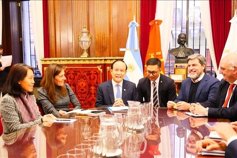 Deputy Secretary of the municipal Party Committee and Chairman of the municipal People's Council Nguyen Ngoc Tuan (4th from right) at his meeting with the council and administration of Buenos Aires on August 12. (Photo: VNA)