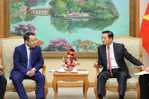 Deputy Prime Minister Tran Hong Ha (R) and Gan Jiayue, visiting CEO of the Chinese multinational conglomerate Geely Auto Group, at their meeting in Hanoi on September 23. (Photo: VNA)