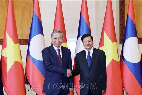 El presidente To Lam (izq.), el secretario general del Partido Popular Revolucionario (PPRL) y presidente de Laos, Thongloun Sisoulith, sostienen conversaciones en Vientiane el 11 de julio (Foto: VNA)