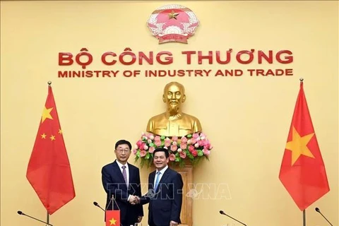 El ministro de Industria y Comercio de Vietnam, Nguyen Hong Dien (derecha), y Liu Ning, miembro del Comité Central del Partido Comunista de China (PCCh) y secretario del Comité del PCCh de la Región Autónoma Zhuang de Guangxi. (Foto: VNA)