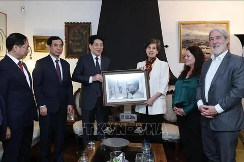 El presidente Luong Cuong (tercero, a la izquierda) entregó una foto a la senadora Isabel Allende, hija del fallecido presidente chileno (Foto: VNA)