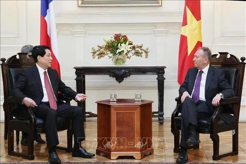 El presidente de Vietnam, Luong Cuong, (I) se reúne con el presidente del Senado de Chile, José García Ruminot. (Fuente: VNA)