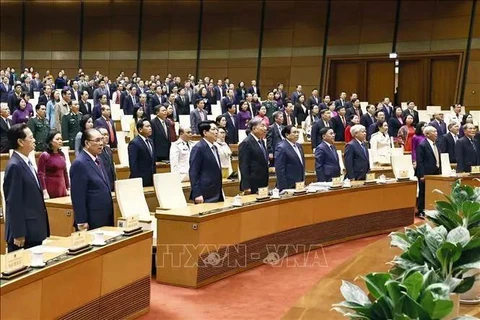 Dirigentes, ex dirigentes del Partido y del Estado y diputados de la Asamblea Nacional, realizan la ceremonia de izamiento de la bandera en la sesión de clausura. (Foto: VNA)