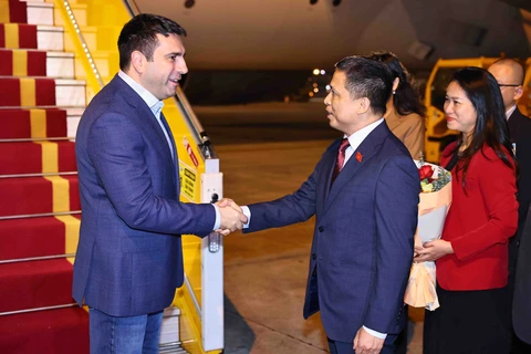 Pham Phu Binh, permanent member of the Vietnamese NA’s Committee for Foreign Affairs, welcomes President of the National Assembly of Armenia Alen Simonyan (L) at Noi Bai airport (Photo: VNA)